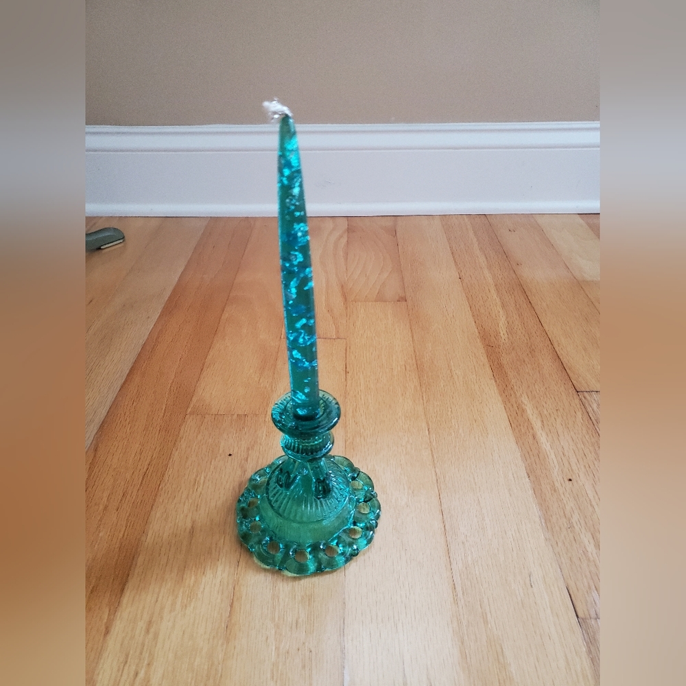 Vintage Teal Blue Glass Candle Holder &  Lucite Silver Fleck Candle